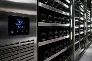 Well-lit electric wine cellar with stainless steel racks and unlabelled wine bottles, focus on technical and organized storage without people or wine glasses.