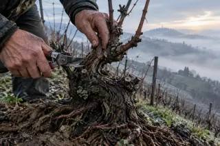Close-up of a vigneron's hands pruning a grapevine on a steep, misty slope at dawn, showing detailed textures of the vine and soil.
