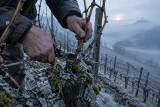 Close-up of a vigneron's hands pruning grapevine canes on a steep vineyard at winter dawn, with misty rows in the background.
