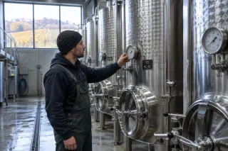 Winery worker monitoring stainless steel fermentation tanks in a naturally lit cellar, emphasizing technical winemaking environment.