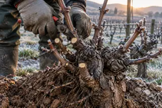 Vigneron pruning grapevine in winter, close-up on hands, vine and soil with visible roots, natural light